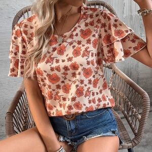 Or FREE! New! SHEIN VCAY Layered Sleeve Floral Print Pullover Top Blouse